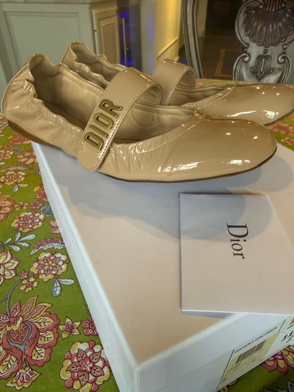 Dior Nude Patent Calfskin Mary Jane Flats with Gold Logo